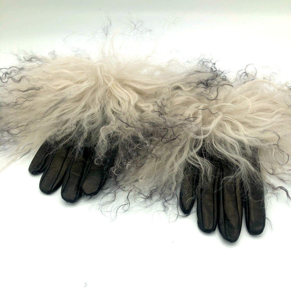 Mongolian Rabbit Fur-Trimmed Leather Gloves